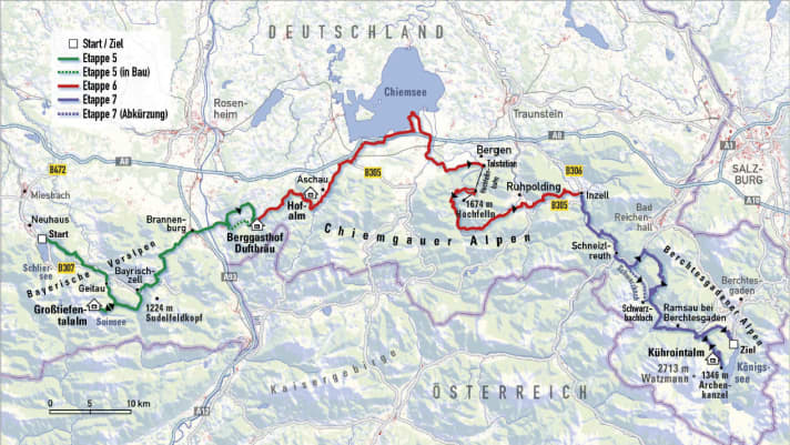   The three stages of the second part from Schliersee to Königssee in the overview map.