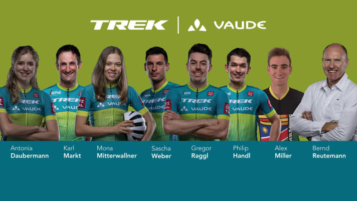   Mit diesem Aufgebot startet Team Trek-Vaude 2021 ins Rennen. VAUDE 