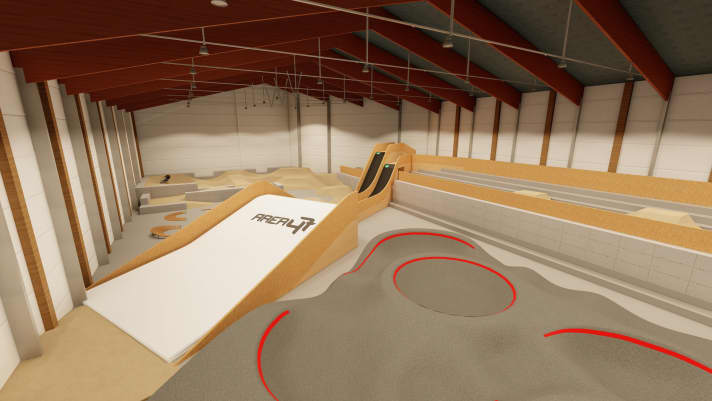 Im Indoor Bikepark gibt es verschiedene Schwierigkeitsgrade: Die Jumpline hat zwei unterschiedliche Roll Ins und einen Landingbag.