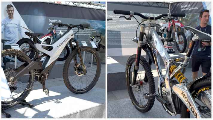 Hondas neues E-MTB Konzept links und der legendäre RN01 Vorgänger als Downhillbike mit Getriebeschaltung.