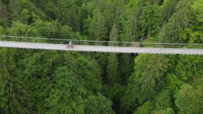 Die Hängebrücke Santa Lucia in Aich bei Bleiburg ist eine der bekanntesten Radbrücken entlang des Drauradweges.
