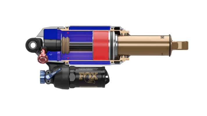 Der Genie-Dämpfer - hier im Querschnitt - hat zwei separate Luftkammern. Federt der Dämpfer bis zur durch die roten Punkte markierten Position ein, wird die äußere Kammer außer Kraft gesetzt. Damit arbeitet der Dämpfer progressiver.