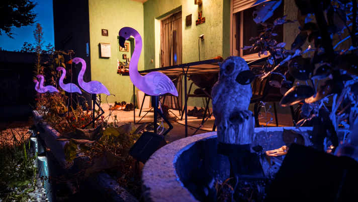 Discovered just before the end of the blue hour: romantic light installation in front of the guesthouse on the farm