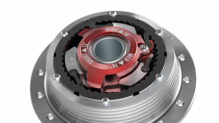 The inner workings of the Sidekick hub: The degree of freedom can be set to 12, 15 or 18 degrees via the red spider.