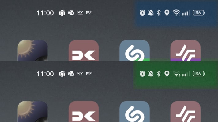 Der Handyempfang wird durch die Metall-Fasern der Hosentasche stark eingeschränkt: Empfang in der Hand - oben/bläulich. Empfang in der Tasche - unten/grünlich.