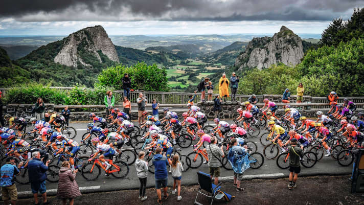 Showcasing France's landscapes - another idea behind the Tour de France, here during the second stage from Clermont-Ferrand to Mauriac