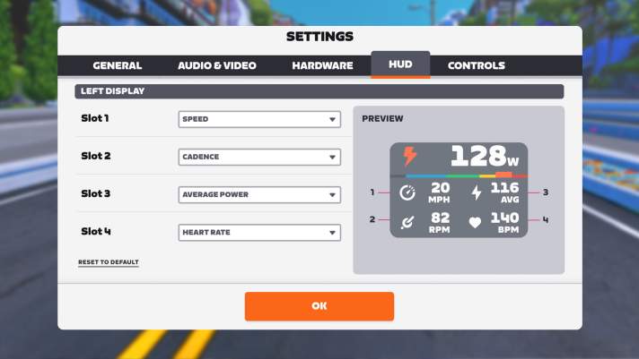 Sieben anpassbare Metriken stehen zur Verfügung, unter anderem Trittfrequenz, Herzfrequenz, durchschnittliche Wattzahl und Watt pro Kilo.