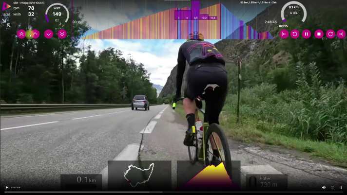 L'offre d'applications pour rouleaux va de la 2D à la 3D. Ici, chez IcTrainer, des parcours filmés permettent de se distraire des efforts de l'entraînement.