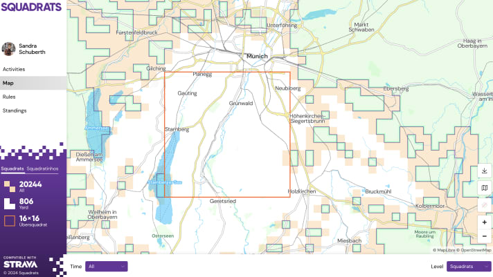 Bei Squadrats werden Quadrate gesammelt. Orange überblendet sind die Quadrate, in denen ich schon war, weiß sind zusammenhängende Quadrate und das große Quadrat in der Mitte ist ein lückenlos befahrenes Quadrat.