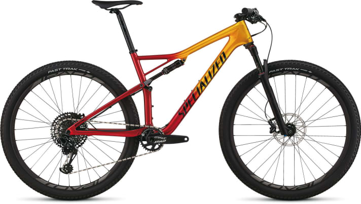   The Specialized Epic Expert Carbon in the bright red and yellow paint job for 5000 euros.