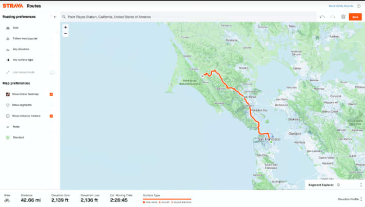  Dans le Strava Route Builder pour le navigateur web, l'utilisateur peut planifier ses tours de manière beaucoup plus individuelle que dans l'outil d'itinéraire de l'application.