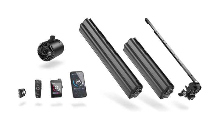 Die Bestandteile des ZF Bike Eco System: Bedienteile, Motor und Akkus.