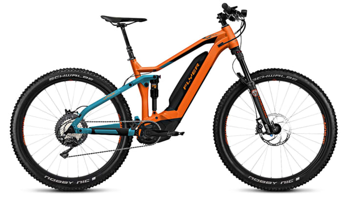   Flyer Uproc4 (140 mm, 2019 model) in Tangerine Orange/Teal Blue.