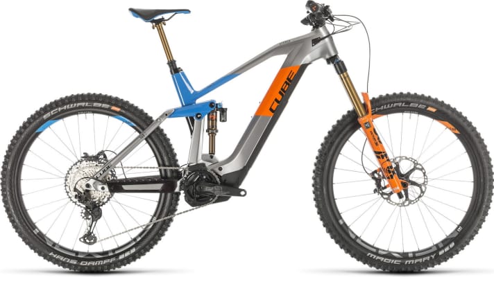   The Enduro Cube Stereo Hybrid 160 HPC has a carbon main frame and is designed for downhill riding. Suspension travel: 170 / 160 millimetres, wheel size: 27.5 inches.