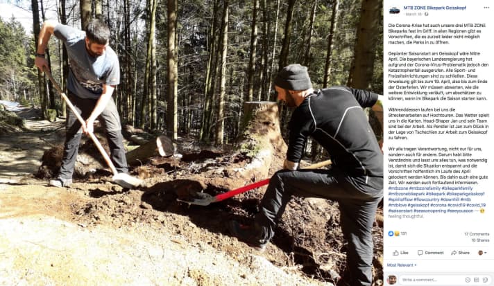   The start of the season at Bikepark Geisskopf was planned for mid-April. However, the operators are not allowed to open before 19 April due to the coronavirus pandemic. It remains to be seen what will happen after that.