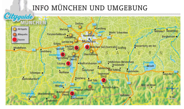   Die Übersichtskarte mit den sechs MTB-Touren rund um München.