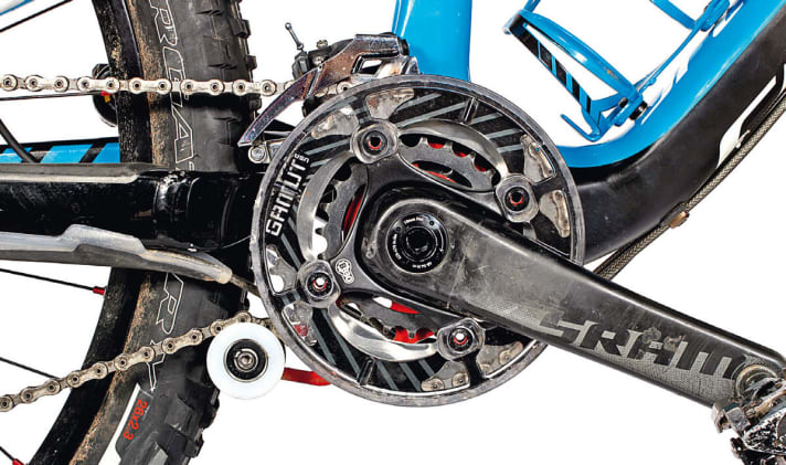   The right gear ratio, bashguard and chain guide are indispensable in tough conditions.