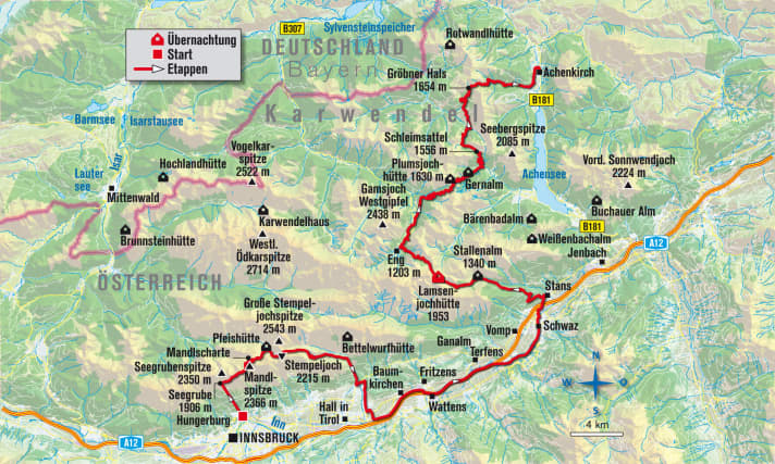   The overview map of our Karwendel crossing from Innsbruck to Lake Achensee.