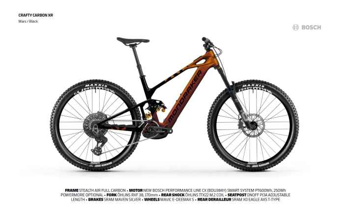 The Gravity version with Öhlins suspension (170/150 mm stroke), full carbon frame and 600 WH battery. Weight: 22.6 kilos (manufacturer's specification).