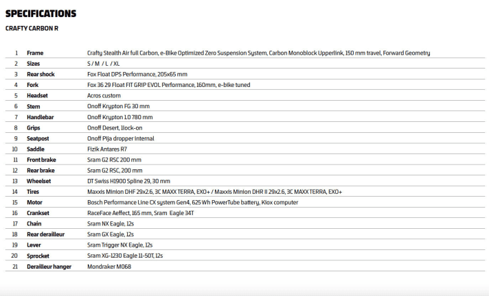   The features of the entry-level model Mondraker Crafty Carbon R for 7499 euros.