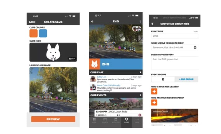   Screenshots des Club Features: Links die angedeuteten Customisierungs-Möglichkeiten, in der mittleren Spalte das Dashboard mit Chat und Veranstaltungen, rechts die Eventplanung.