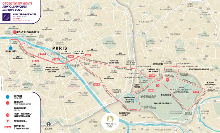 The route of the men's and women's Olympic time trials in Paris 2024