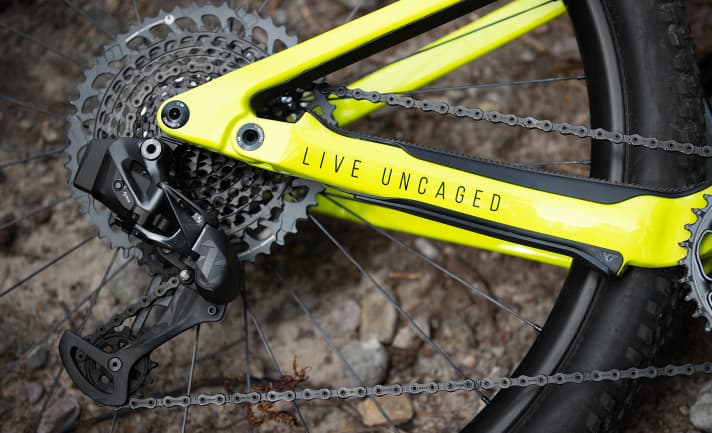   The rear derailleur comes from Sram's top electronic XX1 Eagle groupset. A 10-52 cassette ensures an easy uphill ride.