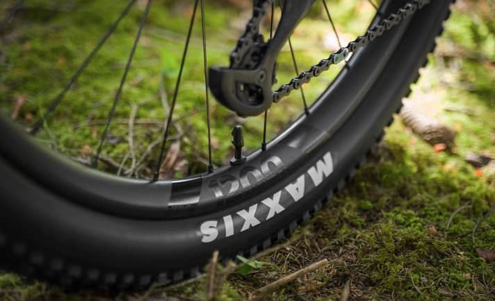   An die XCR 1200 Spline Carbon-Laufräder von DT Swiss mit 30er-Felgenbreite montiert YT Maxxis Rekon Race-Reifen in 29x2,4 Zoll.