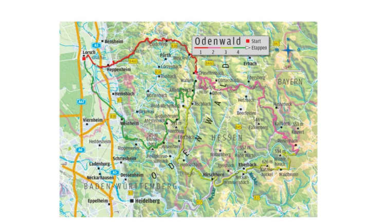   Karte: Die viertägige Odenwald-Tour mit dem Mountainbike in der Übersicht.