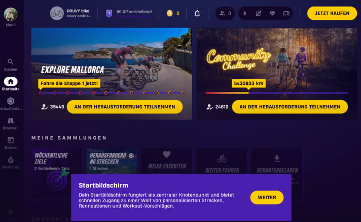 Die Rouvy-App erklärt sich erst einmal selbst in Form einer kleinen Tour.