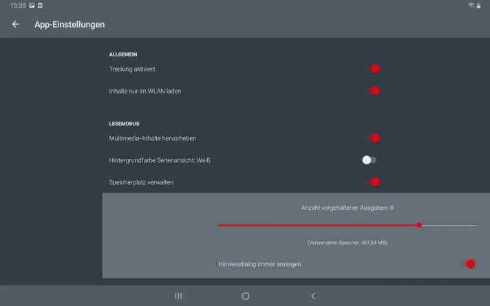   Ausgaben herunterladen im mobilen Funknetz oder nur zu Hause im WLAN? Alle Digital-Ausgaben oder nur die aktuellsten auf dem Gerät speichern? Das lässt sich in der App alles vom Nutzer einstellen.