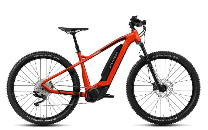   The Flyer Uproc2 e-hardtail (2019 model) in the colour Ibis Red/Cast Silver.