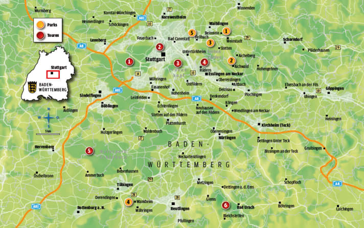   Our MTB tours around Stuttgart on the map.