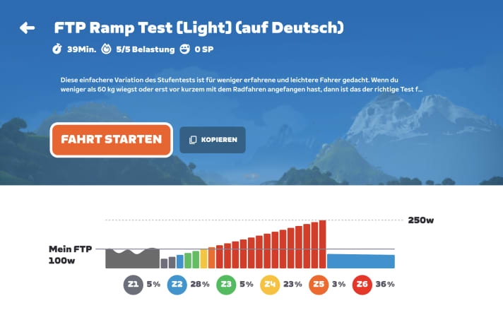 The shorter of the two step tests on Zwift starts at 50 watts and increases the resistance by 10 watts every minute.