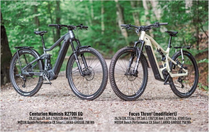 Links: Centurions SUV-Bike Numinis R2700i EQ. Rechts: Focus’ klassisches E-MTB Thron², das wir für den Alltagseinsatz etwas aufgerüstet haben.