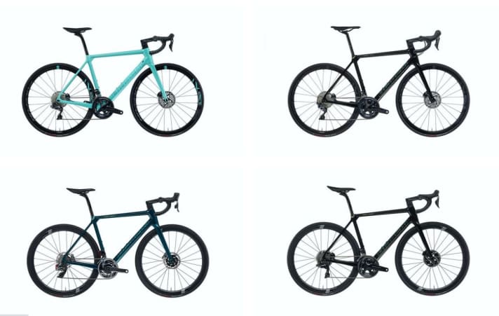   En plus de la traditionnelle Celeste (en haut à gauche), le Specialissima est également disponible en laque noire brillante (à droite, en deux versions d'équipement), qui doit permettre de gagner 80 grammes, ainsi qu'en un bleu vert chatoyant (en bas à gauche).