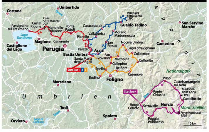These are our cycle tours in Umbria | Map: Annett Winter