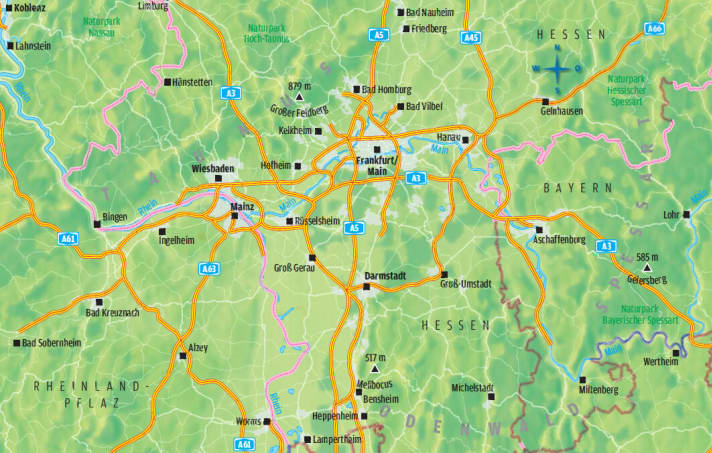   Übersichtskarte: Nordwestlich von Frankfurt erhebt sich der Taunus.