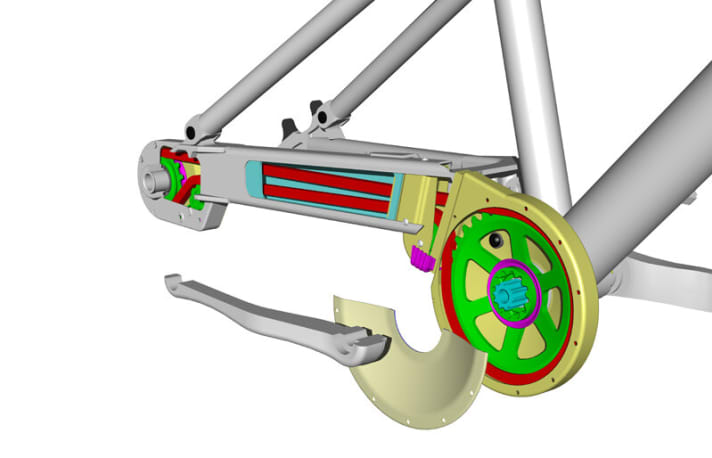   It is not a toothed belt that runs inside, but a standard chain (red) with multiple deflections.