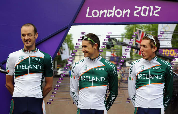 Nicolas Roche (au centre) et Daniel Martin (à droite) pour l'Irlande aux Jeux olympiques de Londres 2012.