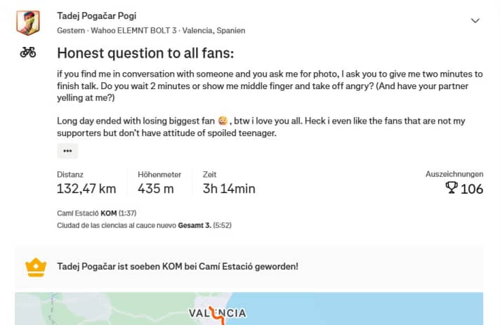 Auf Strava hat Tadej Pogačar seine Erfahrung einer Trainingsfahrt geteilt und nach der Meinung seiner Follower gefragt