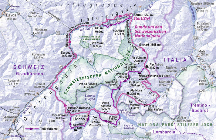 Die pinkfarbene Route zeigt das Marathon-Original, die lilafarbene die Abzweige ins Trail-Glück.