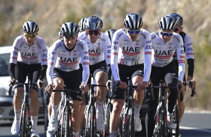 The riders of UAE Team Emirates with the new jersey at the training camp in Spain