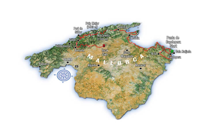   Große Schleife: Mallorca hat viele, schöne Ecken. Die Inseldurchquerung von M-Bike (rote Linie) vereint zahlreiche Highlights. 