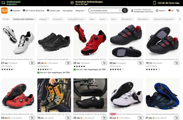 Temu a commencé son ascension en Europe il y a seulement deux ans avec des articles de mode bon marché. Depuis, l'offre comprend également de nombreux accessoires de vélo, comme des chaussures.