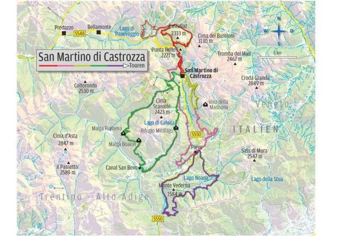   Die fünf Sternfahrten rund um die Pale di San Martino.