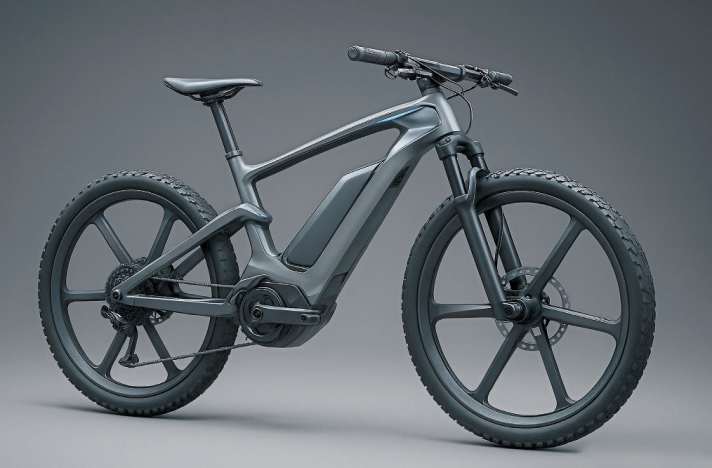 Zuviel KI macht das MTB nicht besser, meinen die Konstrukteure. Dennoch haben wir auch AI nach einer Vision 20230 gefragt. Das Ergebnis ist erfreulich ernüchternd: Da wir die Künstliche Intelligenz nach einem Fully gefragt haben, versteckt sich der Dämpfer vermutlich im Rahmen. Die Motor-Akku-Einheit erinnert eher an 2017, als an ein modernes, kompaktes Design. Auffällig sind die Monocoque-Laufräder und die wuchtigen Pneus. Interessant: Der kerzengerade Lenker kommt ganz ohne Rise und Backsweep aus. Die Teleskop-Funktion der Sattelstütze wurde entweder clever integriert, oder aber von der KI als überflüssig angesehen.