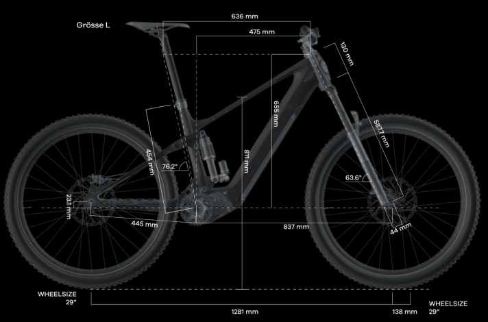 The geometry of the Lightrider E3 Pro in size L with 170 mm suspension fork. With a shorter fork (150 or 160 mm), the angles become steeper and the wheelbase shorter.
