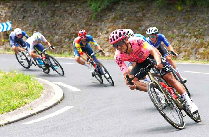 Then a breakaway group is able to break away - 10 men around Richard Carapaz (1st position) join forces