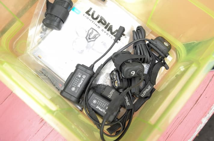   The lights are provided by Lucas on request - small, bright helmet lights from Lupine.